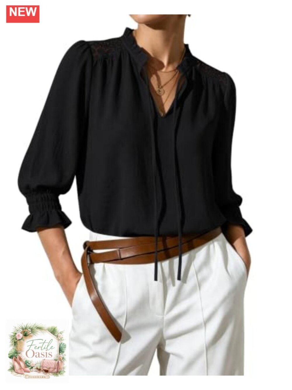 Flowy Peasant Blouse 3/4 Sleeve Ruffle Collar Women's Boho Top